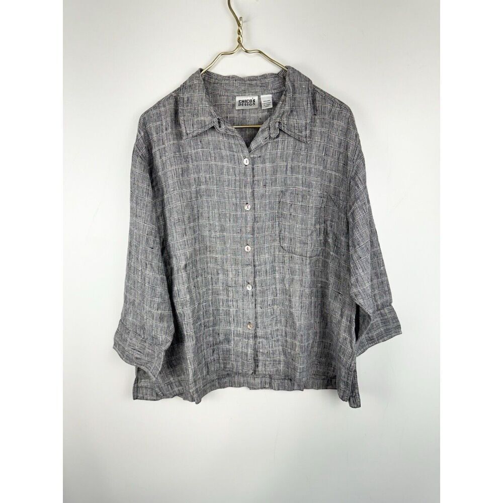 Chico’s Boxy 100%Linen Crinkle Beach Lagenlook Top Plaid Collared Button Up